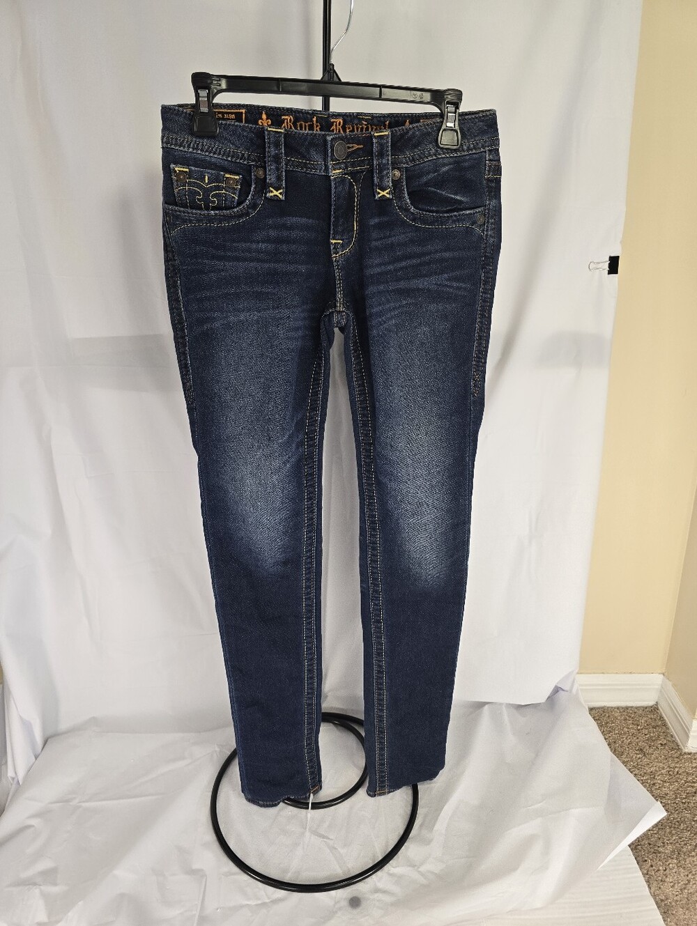 Rock Revival Jessica Skinny Jeans Size 27 Dark Wash Flap Pocket Embroidered